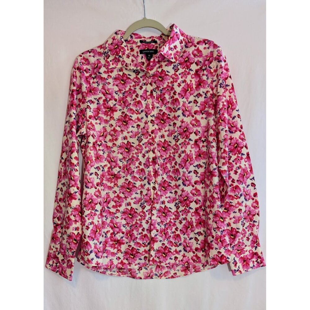 Land’s End “Pink Ikat” Floral Button Down Long Sleeve Women’s Shirt - Sz 10 NWT